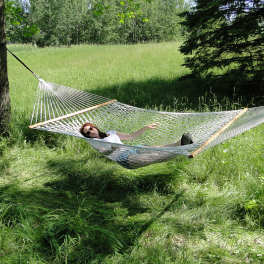 Cotton Rope Hammock - Double - side view with model laying down
