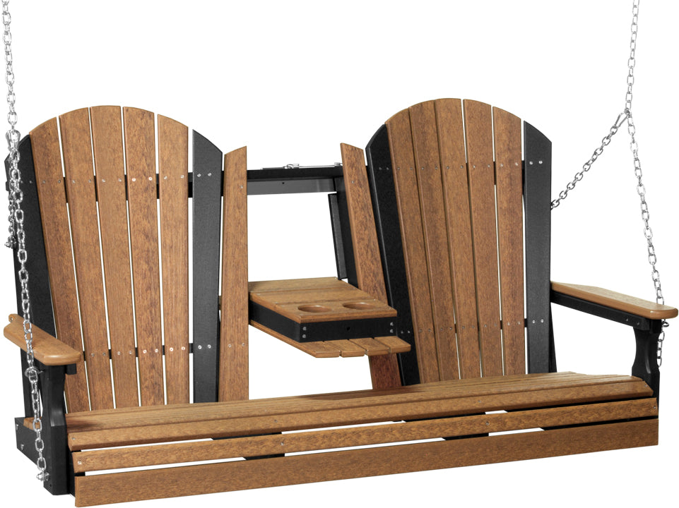LuxCraft 5' Adirondack Swing - Premium Woodgrain Line - front view in antique mahogany and black