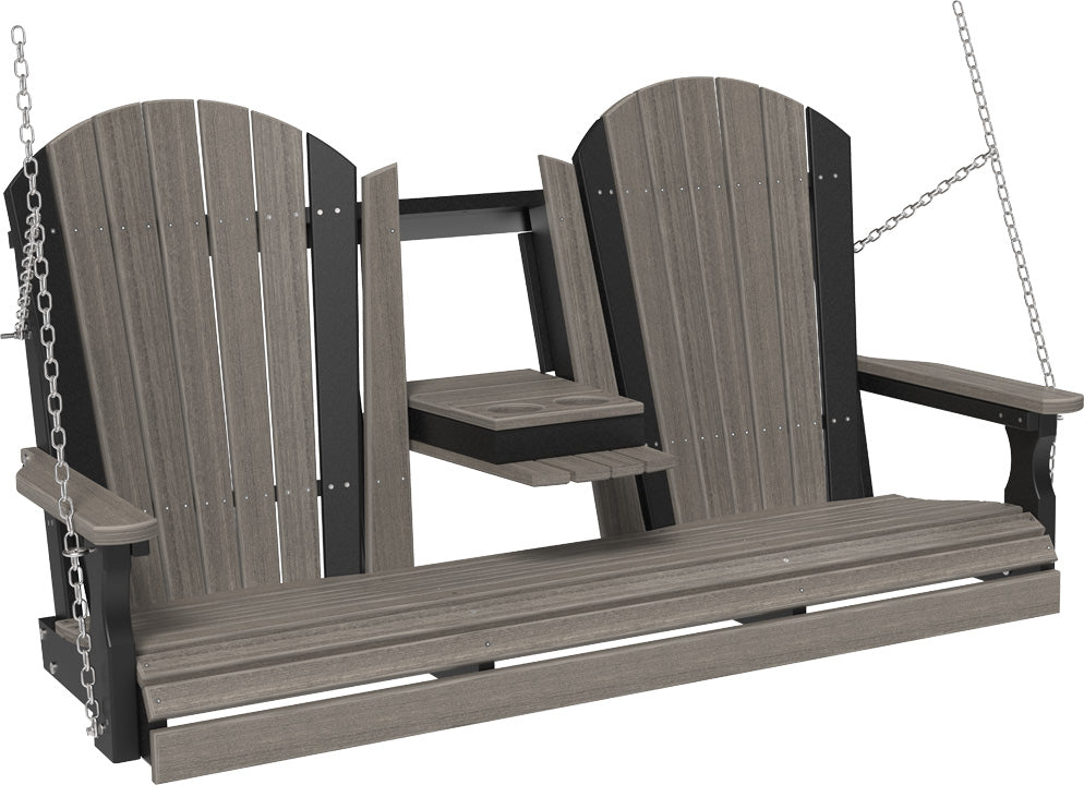 LuxCraft 5' Adirondack Swing - Premium Woodgrain Line - front view in coastal gray and black