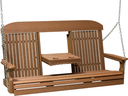 LuxCraft 5' Classic Swing - Premium Woodgrain Line - front view with center tray lowered in antique mahogany