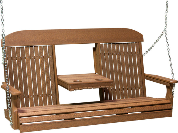 LuxCraft 5' Classic Swing - Premium Woodgrain Line - close up view with center tray lowered