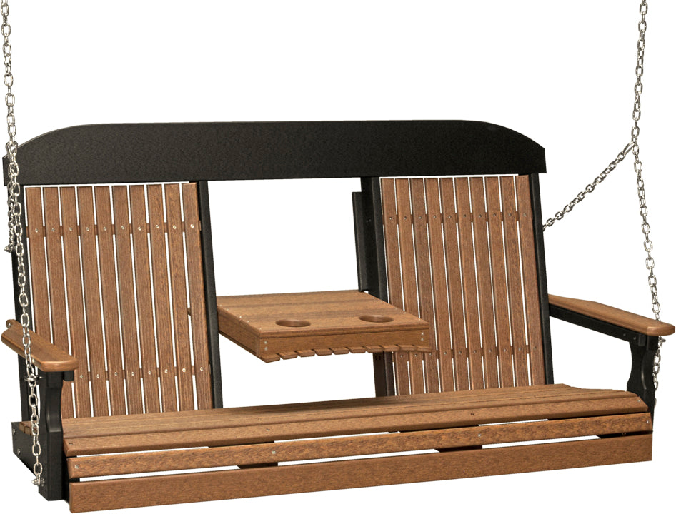 LuxCraft 5' Classic Swing - Premium Woodgrain Line - front view with center tray lowered in antique mahogany and black