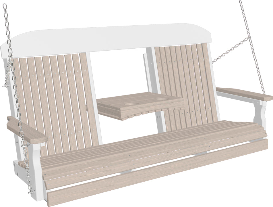 LuxCraft 5' Classic Swing - Premium Woodgrain Line - front view with center tray lowered in birch and white