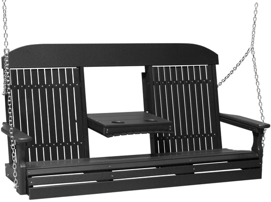 LuxCraft 5' Classic Swing - front view with center tray lowered in black 
