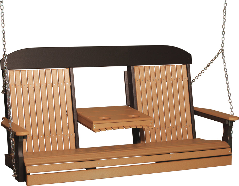 LuxCraft 5' Classic Swing - front view with center tray lowered in cedar and black