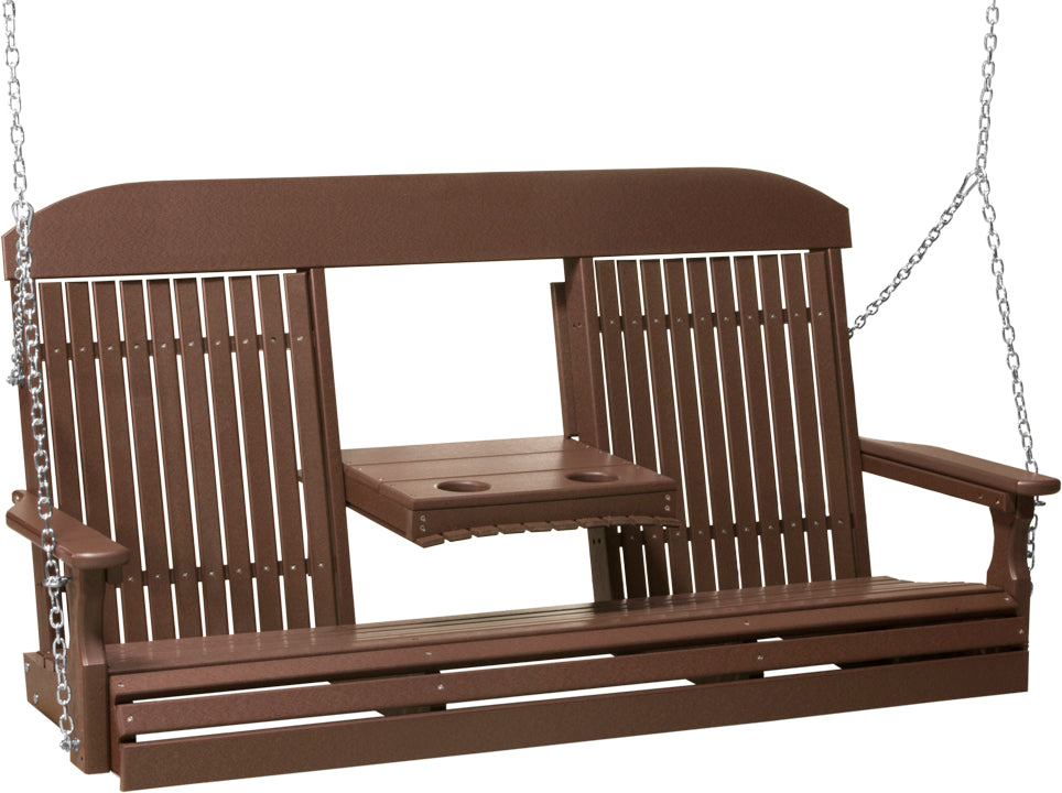 LuxCraft 5' Classic Swing - front view with center tray lowered in chestnut brown