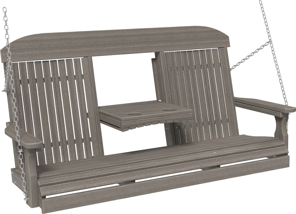 LuxCraft 5' Classic Swing - Premium Woodgrain Line - front view with center tray lowered in coastal gray