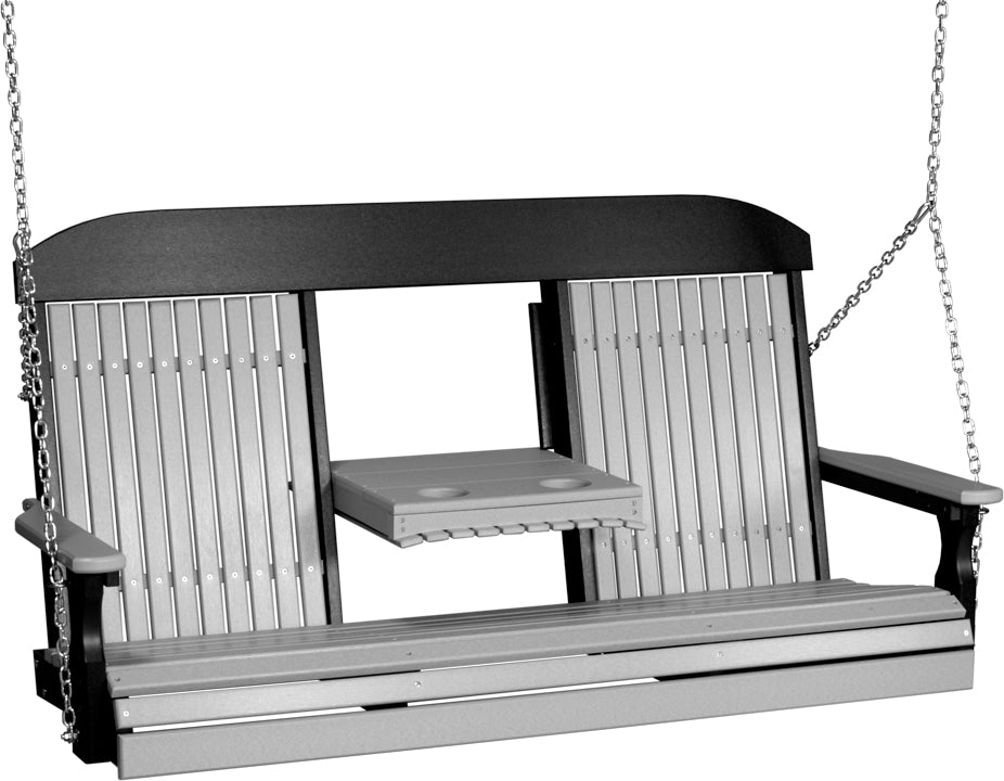 LuxCraft 5' Classic Swing - front view with center tray lowered in dove gray and black