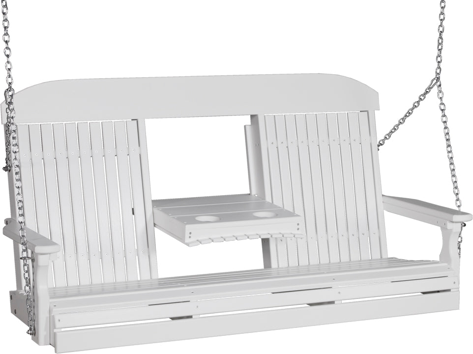 LuxCraft 5' Classic Swing - front view with center tray lowered in white