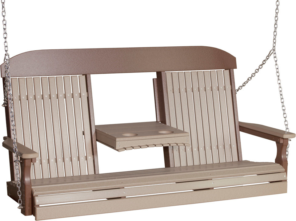 LuxCraft 5' Classic Swing - front view with center tray lowered in weatherwood and brown