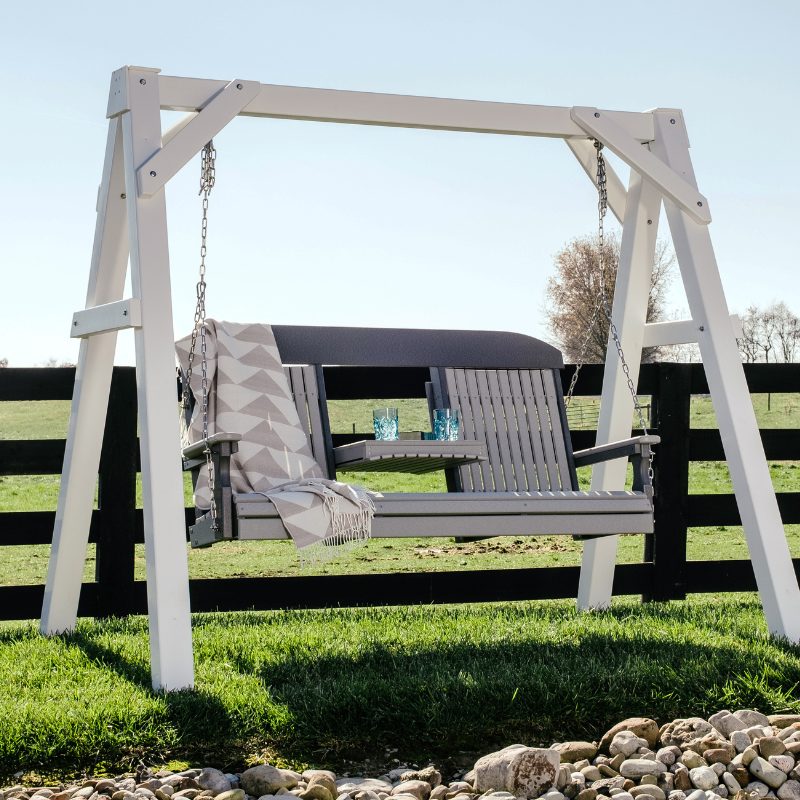 LuxCraft 5' Classic Swing - attached to A-Frame vinyl swing stand showing center drop down tray