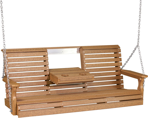 LuxCraft 5' Plain Swing - Premium Woodgrain Line - set up on A-Frame vinyl swing stand with flip-down center console