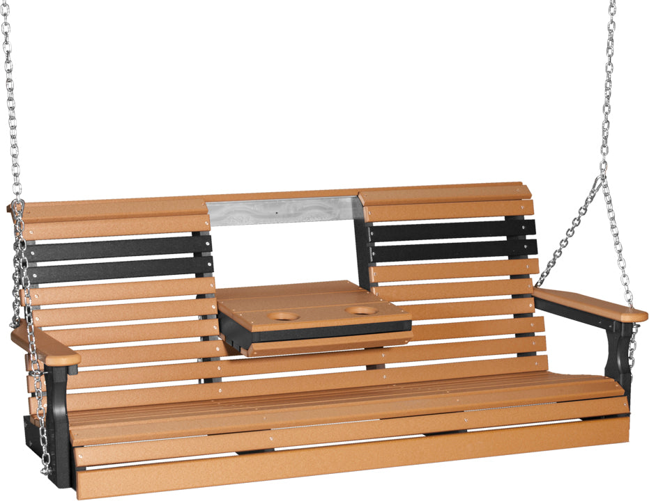 LuxCraft 5' Plain Swing - front view with center tray lowered in cedar and black