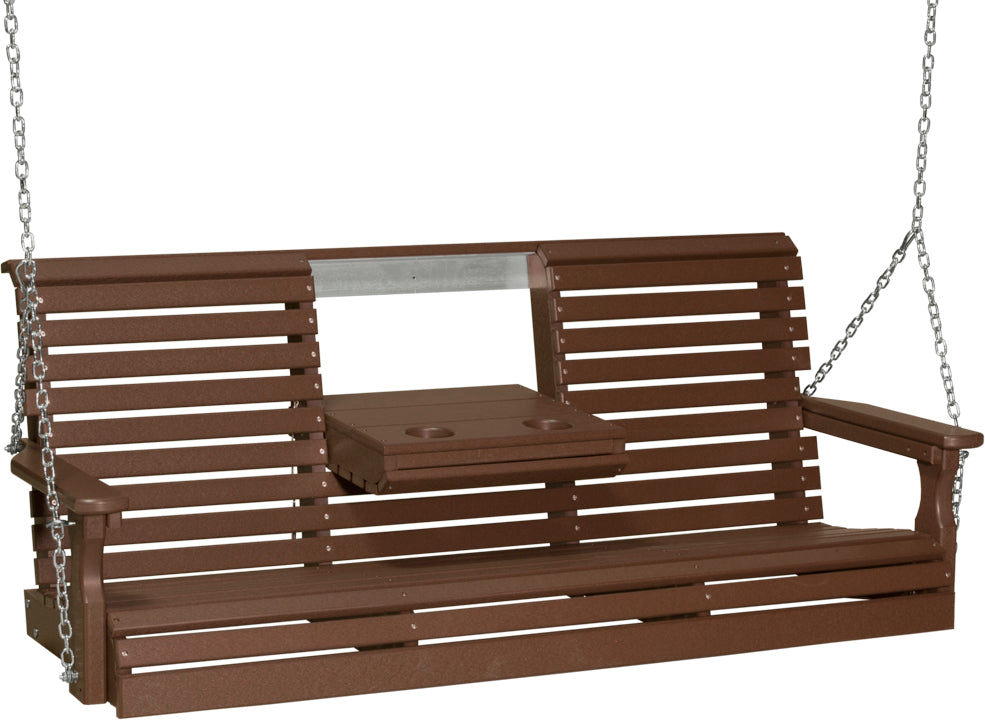 LuxCraft 5' Plain Swing - front view with center tray lowered in chestnut brown