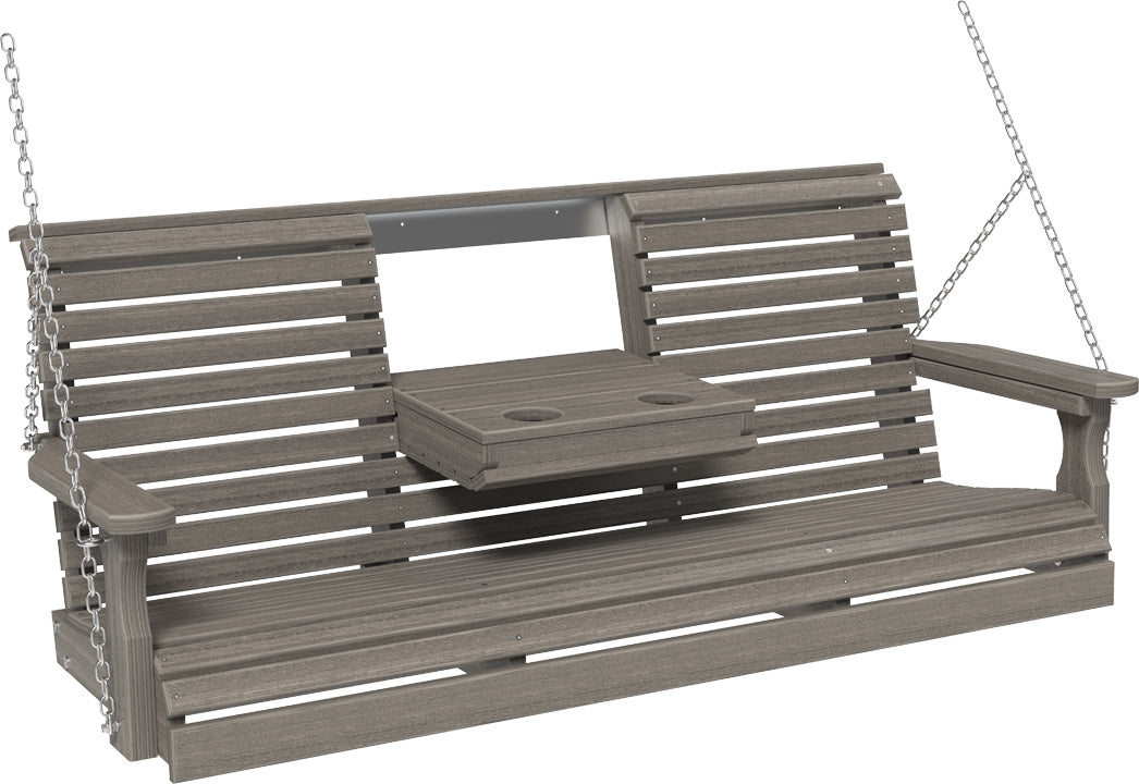 LuxCraft 5' Plain Swing - Premium Woodgrain Line - front view with center tray lowered in coastal gray