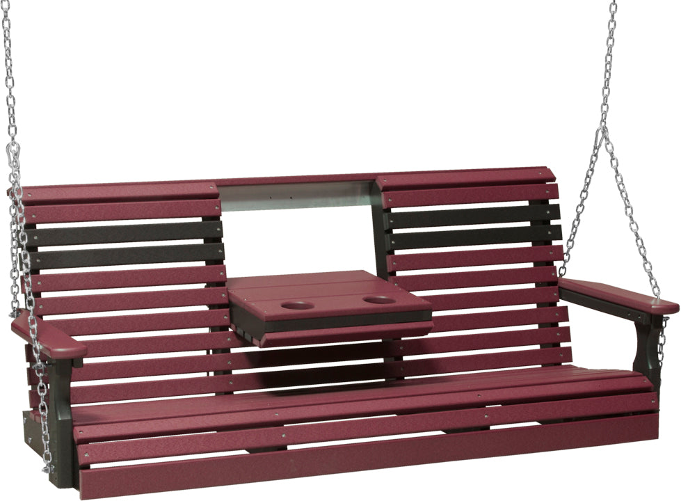 LuxCraft 5' Plain Swing - front view with center tray lowered in cherry and black
