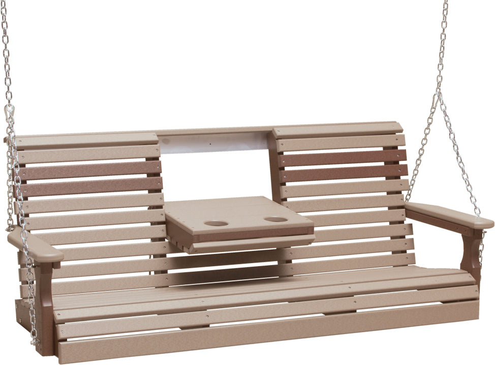 LuxCraft 5' Plain Swing - front view with center tray lowered in weatherwood and brown