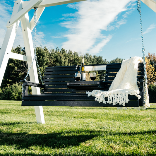 LuxCraft 5' Plain Swing - set up on A-Frame vinyl swing stand with flip-down center console